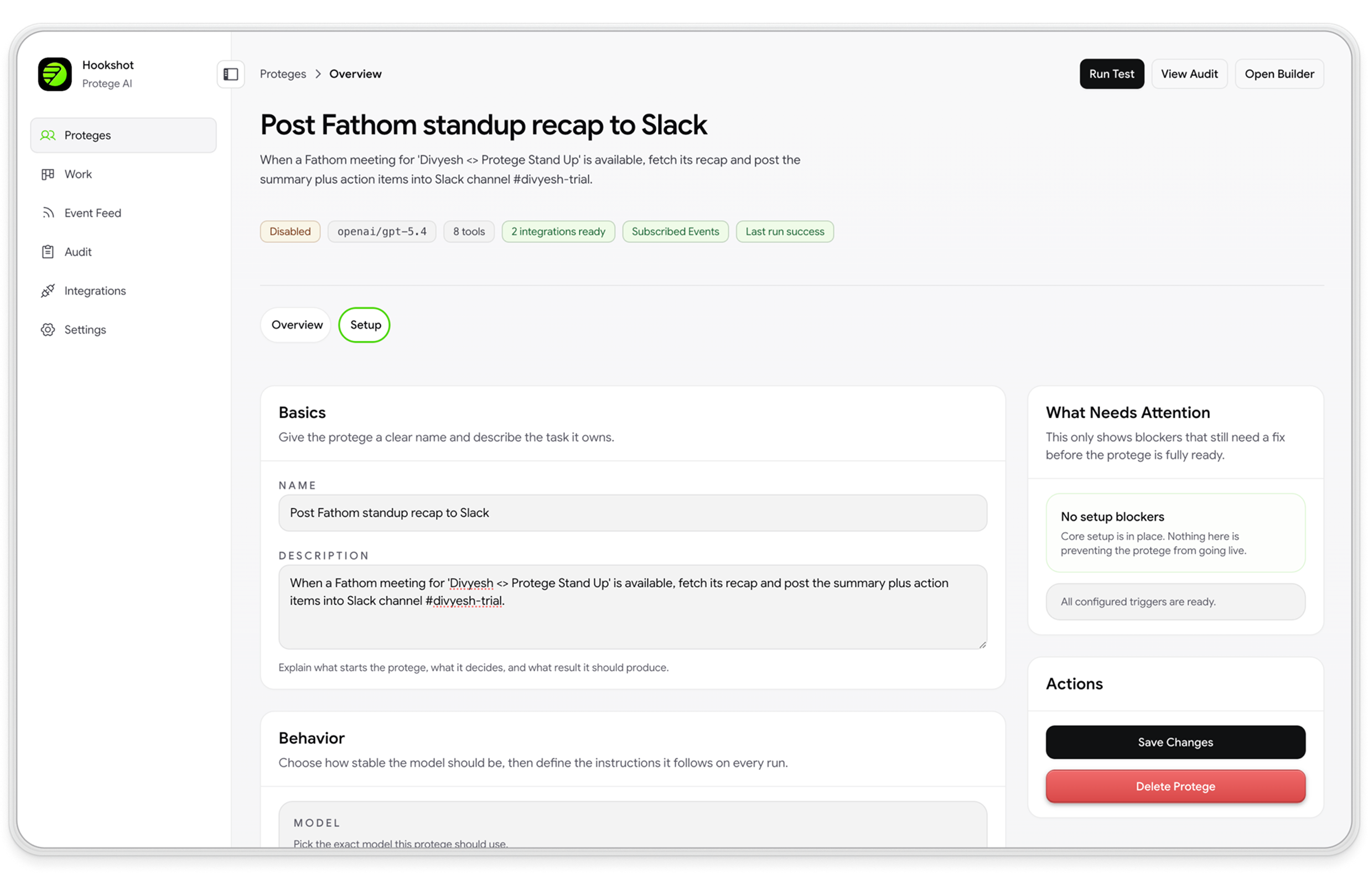 Hookshot setup screen — AI agent workflow configuration with model selection, trigger status, and governance controls.